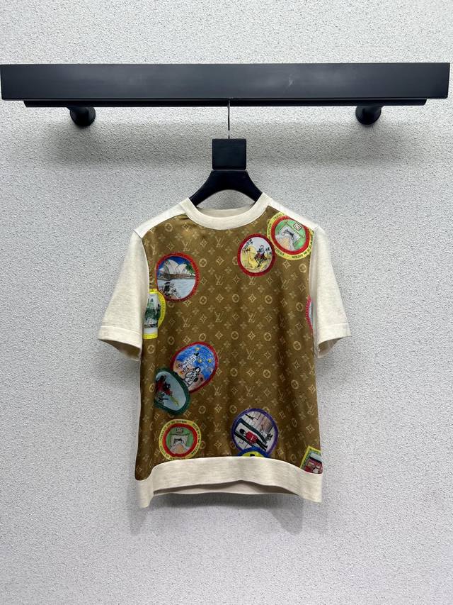 L Family Series Monogram Cat Print Patchwork Knit Wool Short-Sleeve Top. High-de