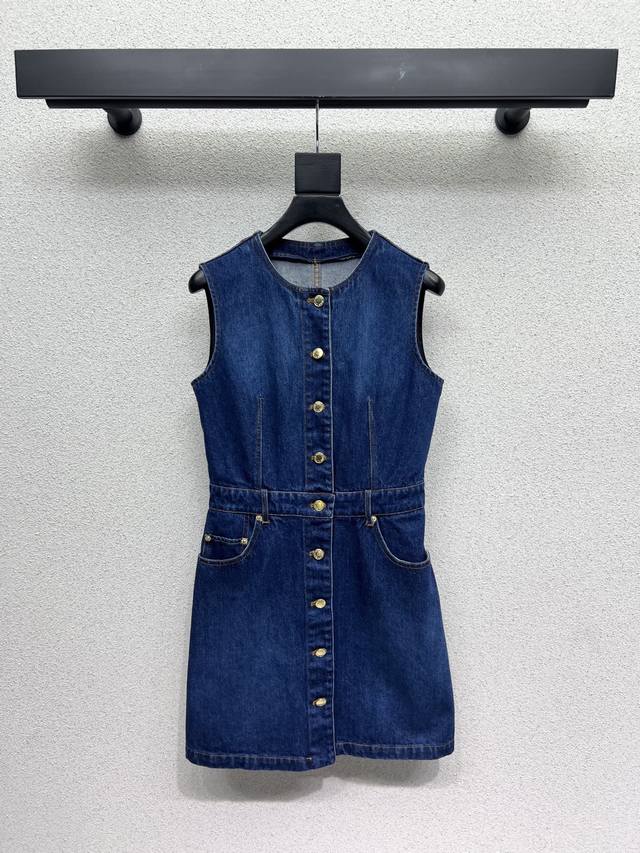 L Family Series Cat Leather Label Denim Sleeveless Dress. A playful and youthful