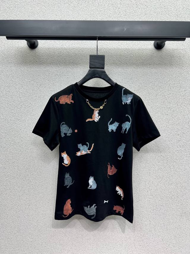 L Brand Printed Cat Short-Sleeve T-Shirt, High-Density Stylish Sporty Style, Pla