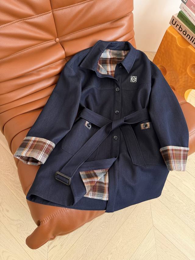 Retro and stylish 2025 Autumn/Winter retro plaid patchwork denim trench coat, mi