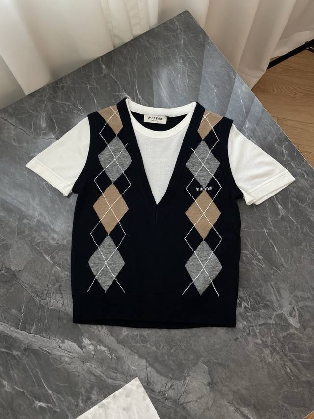Retro Preppy Style Diamond Pattern Faux Two-Piece Knit Sweater. This knit sweate