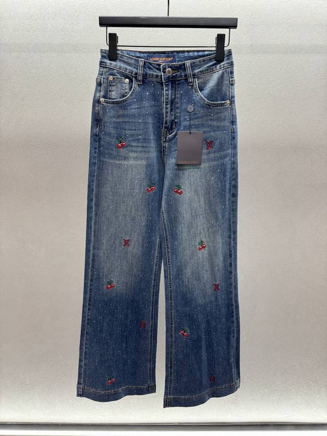 2025 Autumn and Winter Ddd! 1V rhinestone embroidered cherry jeans, custom twill