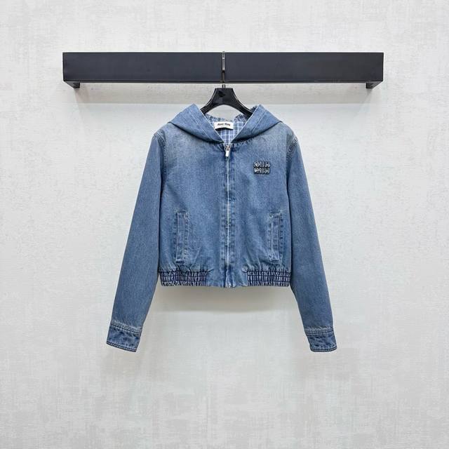Miumi*2025 New Arrival: Hooded Denim Jacket, Custom Made with Imported Twill Cot