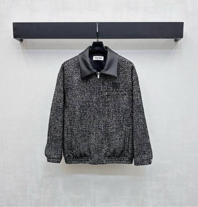 Miumi*2025 New Arrival: Patchwork Leather Collar Knitted Jacket, Custom Made wit