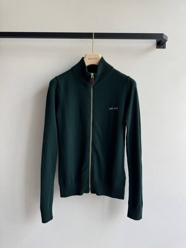 Miumi* 25Fw Early Autumn New Dark Green Zipper Stand Collar Wool Cardigan - Orig