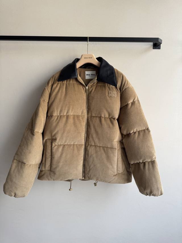 Miumi* 25Fw Autumn/Winter New Corduroy Down Jacket with Genuine Leather Collar |