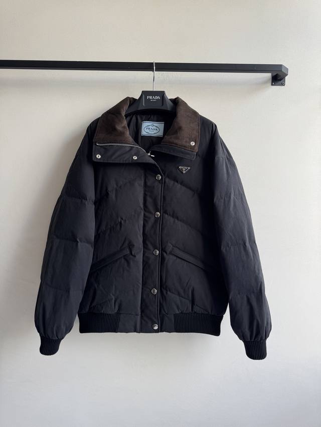 Prad* 25Fw Autumn/Winter New Triangle Logo Stand Collar Poplin Down Jacket - Ori