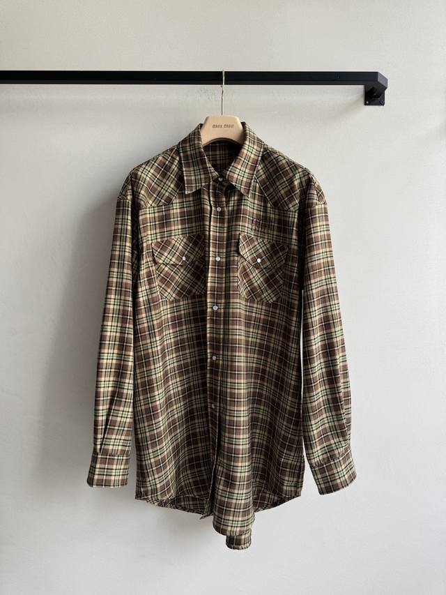 Miumi* 25Fw Autumn/Winter New Retro Wool Plaid Long-Sleeve Shirt | Original Desi