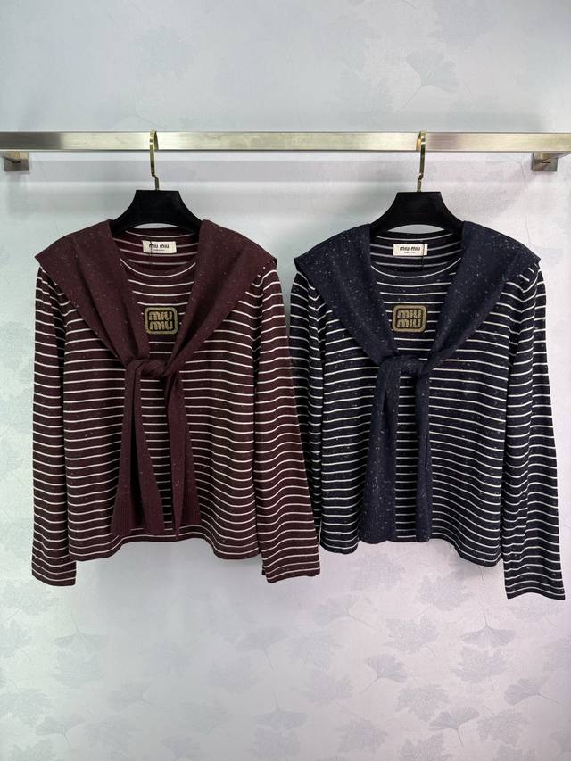 Miu*25 Early Autumn New Striped Knitwear Two-Piece Set with Shawl Design. The go