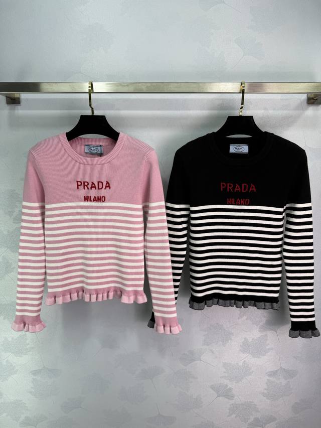 Prad*2025 Early Autumn New Round Neck Striped Knit Long Sleeve! Custom wool knit