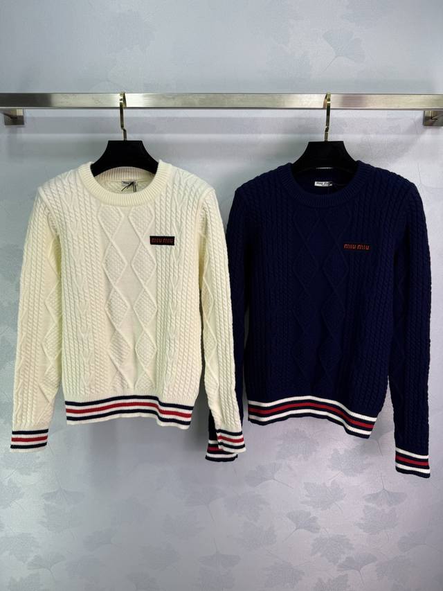 Miumi*2025 Early Autumn New Arrival Diamond Pattern Knitted Pullover Long-Sleeve