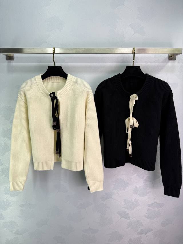Lou*2025 Early Autumn New Round Neck Bow Tie Solid Color Knit Cardigan. Custom Y