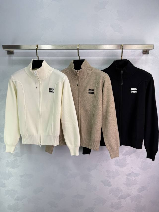 Miumi*2025 Early Autumn New Stand Collar Double Zipper Knit Long Sleeve Cardigan
