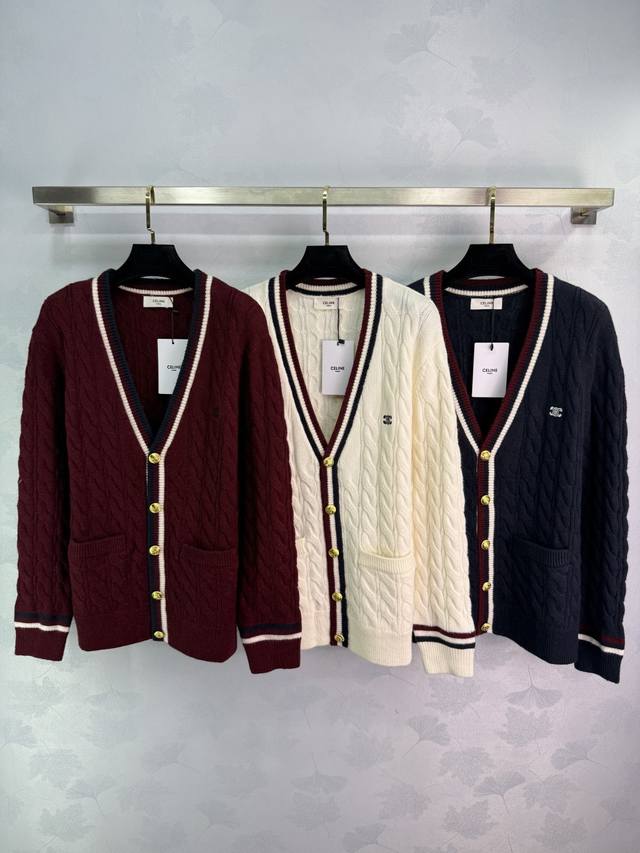 Ce*25 Autumn/Winter New Cable Knit Cardigan. Classic V-neck design, small embroi