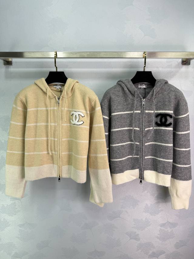 Ch*25 Autumn/Winter New Striped Hooded Cardigan. Classic Cc embroidered stripe d