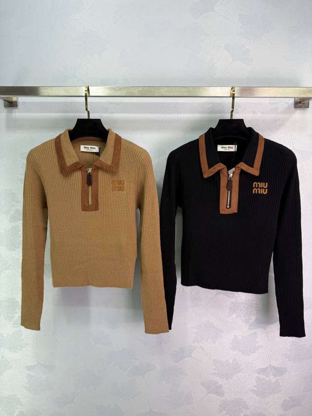 Miu*25 Early Autumn New Knit Top with Lapel Design, Half-Zip, Embroidered Logo o