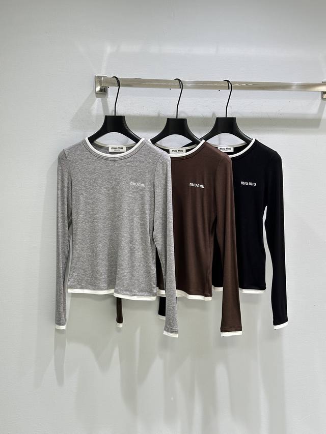25Ss Autumn New Arrival! Miu color-blocked crew neck long-sleeved base layer top