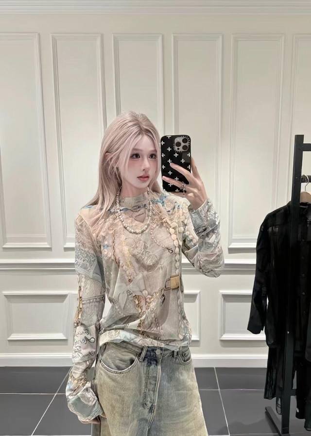 Acne Studi*S 25Fw Early Autumn New Lace 3D Printed Chain Print Mesh Long-Sleeved