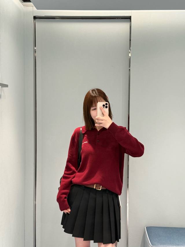 Miumi* 25Fw Autumn/Winter New Burgundy Long-Sleeve Cashmere Polo Knit Sweater |