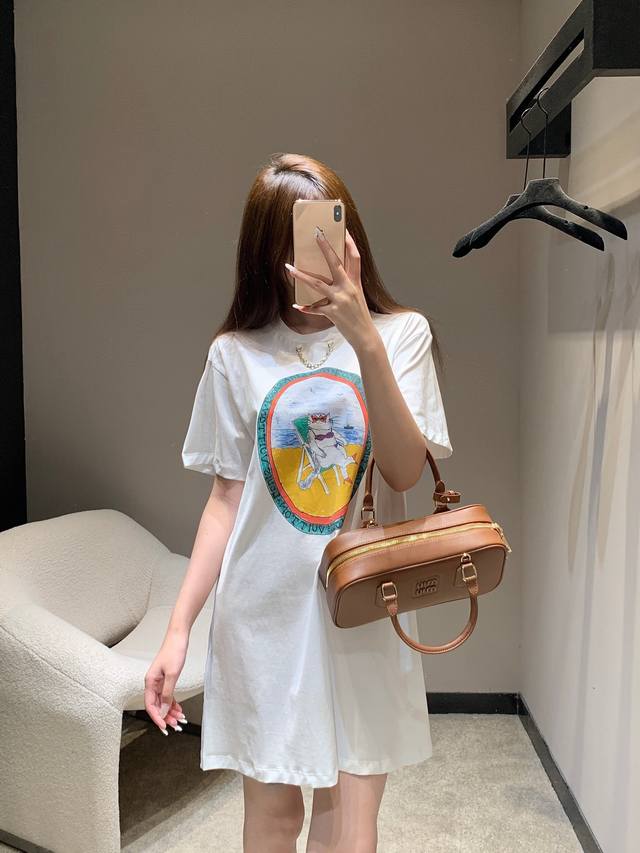 Louis Vui*Ton 25Fw Early Autumn New Pure Cotton Cat Print Crew Neck T-Shirt Dres