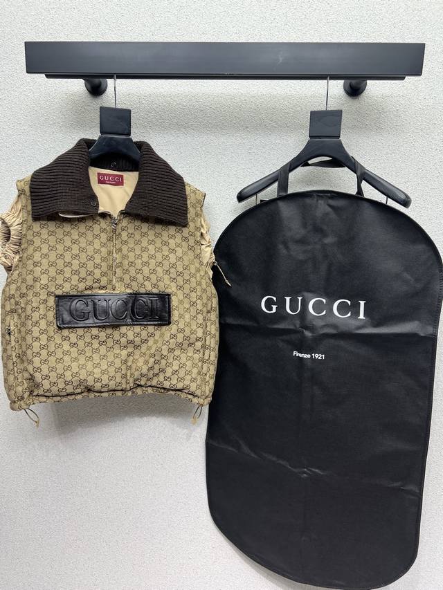 G brand classic khaki monogram down vest, understated yet sophisticated, classic