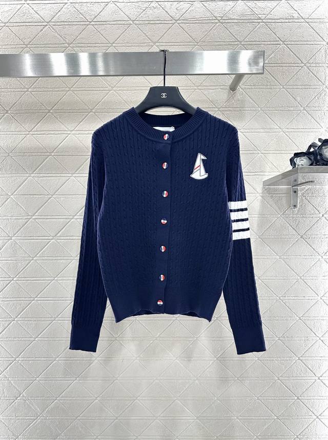 Thom Browne * 2025 New Arrival Cable Knit Cardigan with Horizontal Stripe Embroi