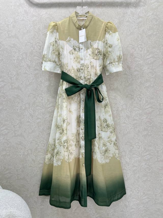 Zimmerman*Zimmerman 2025 New Short-Sleeved Dress with Stand Collar, Puff Sleeves