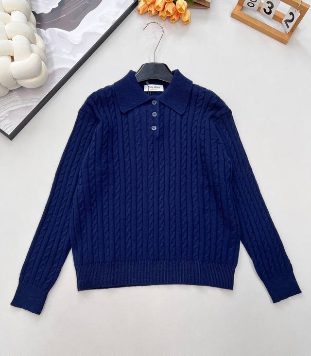 Miu Miu New Micro-Label Wool Polo Collar Long-Sleeve Cable Knit Top. The back fe