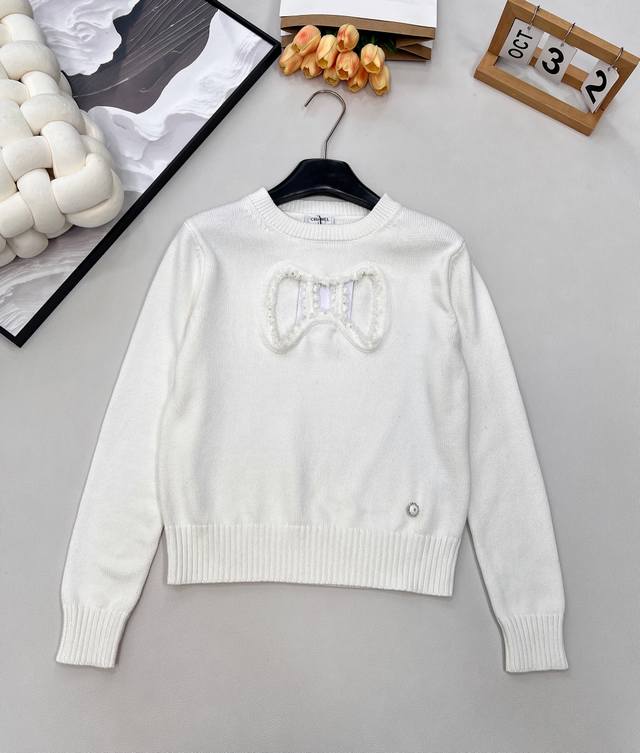 Chanel 2025 New Round Neck Hollow-Out Bow Knit Long Sleeve. Made with custom Yb