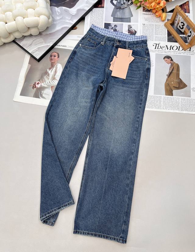 Miumiu patchwork high-waisted straight-leg trousers, made of pure cotton denim,