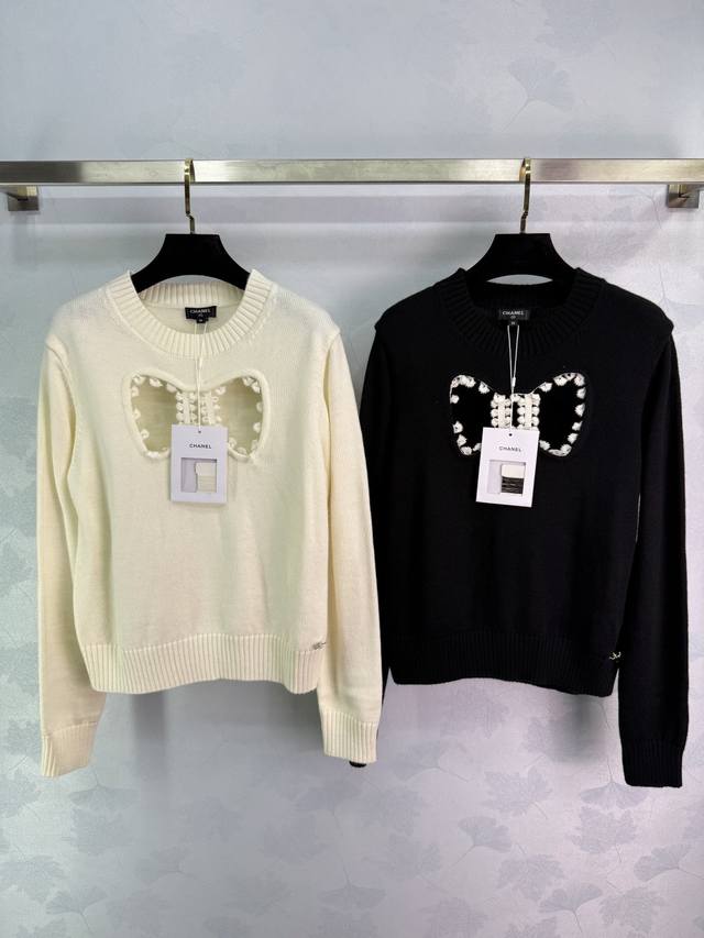 Ch*2025 New Round Neck Hollow-Out Bow Knitted Long Sleeve Sweater. Made with cus