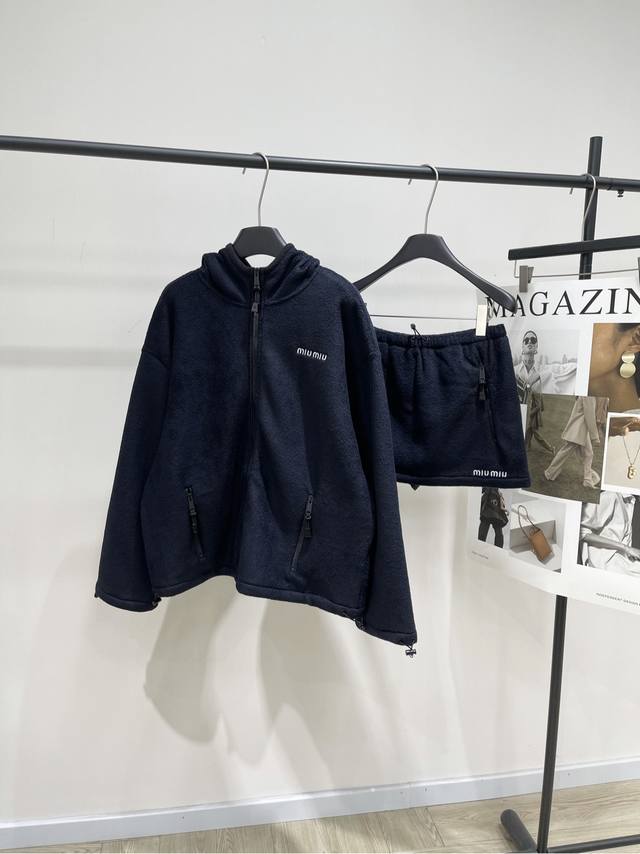 M Navy Blue Fleece Hooded Zip-Up Jacket + Skirt Jacket 265 Skirt 195, Fabric: Fl