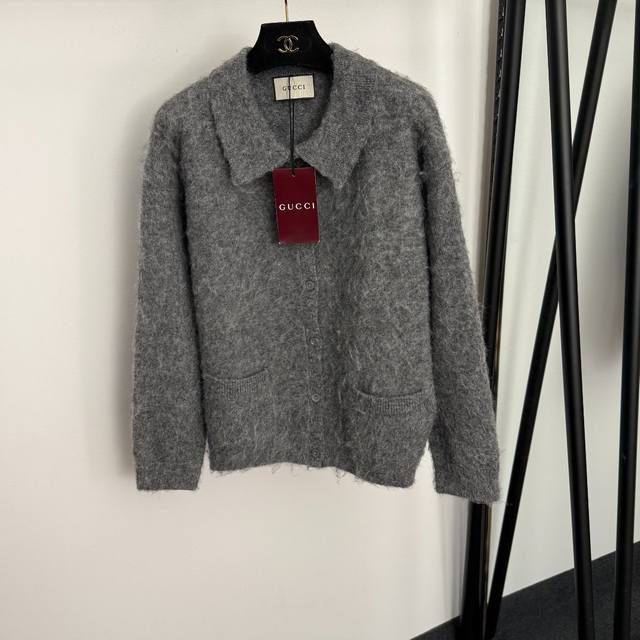 Style No. 20256926 Gucc* New Mohair Collar Long-Sleeve Wool Knit Cardigan Top, G Style No. 20256926 Gucc* New Mohair Collar Long-Sleeve Wool Knit Cardigan Top, G