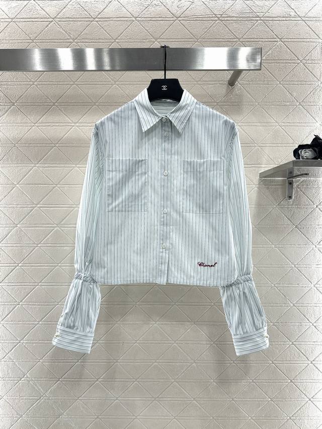 Chanel 2025 New Arrival Short Striped Ruffled Sleeve Shirt Custom Yb twill cotto