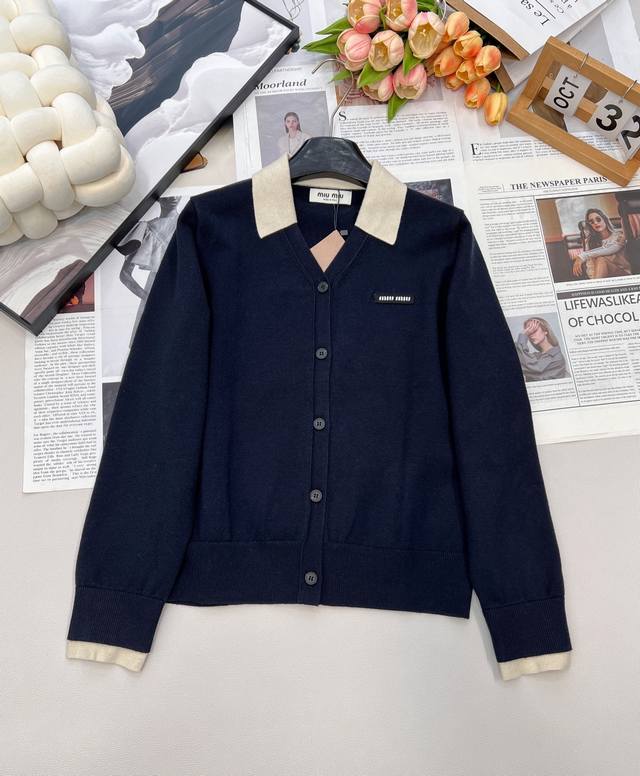 Miumiu Small Label Letter Patchwork Color Block Turn-Down Collar V-Neck Knit Car