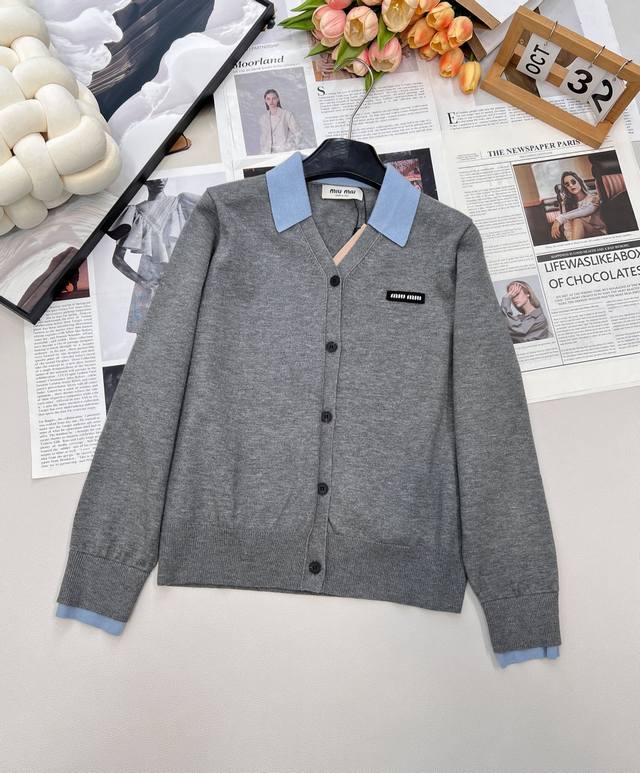 Miumiu Small Label Letter Patchwork Color Block Turn-Down Collar V-Neck Knit Car