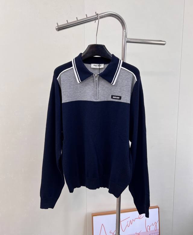 Miumiu 2025 New Letter Patch Collar Knit Long Sleeve, Custom Yb Wool Yarn, Soft,