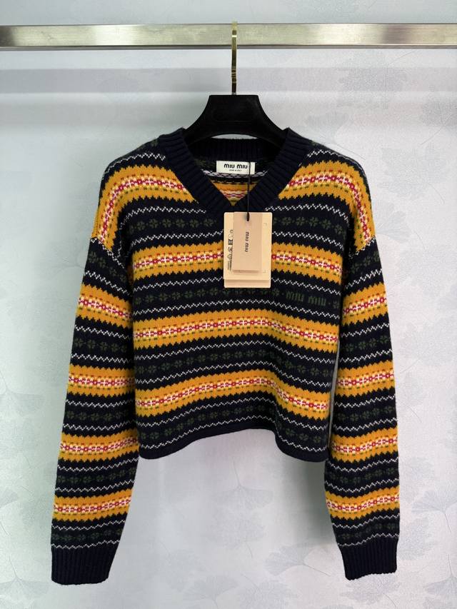 Miu*25 Autumn/Winter New Arrival Fair Isle Short Sweater with Retro Stripes, Fou