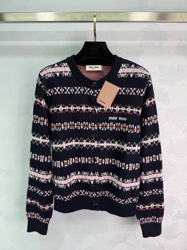 Miu*25 Autumn/Winter New Fair Isle Style Cardigan, Dark Blue with Pink and White