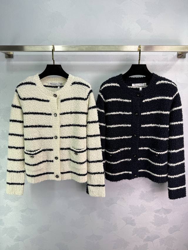 Dio*2025 Early Autumn New Round Neck Striped Knit Cardigan, Custom Yb Cotton Yar