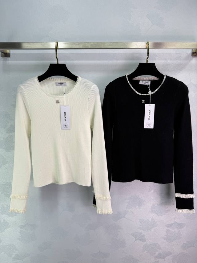 Ch*25 Autumn/Winter New Knitted Base Layer Top with Lace Trim on Cuffs and Neckl