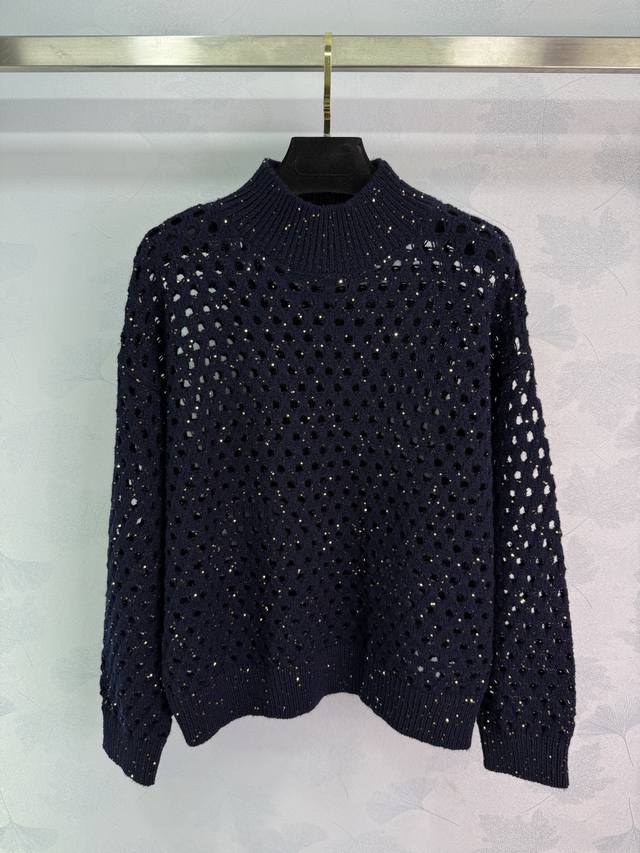 Bc*25 Autumn/Winter New Dark Blue Hollow-Out Knit Sweater with Gold Sequins. Bea