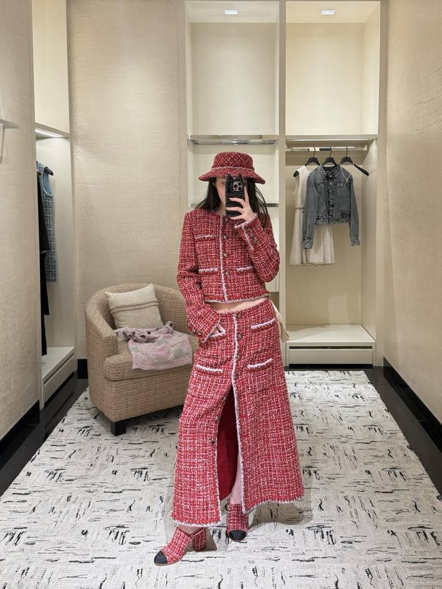 Jacket Skirt Cha*El 25K High-End Handcrafted Collection New Red Tweed Four-Pocke