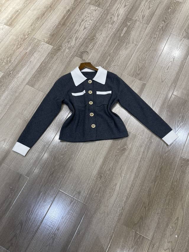 Self-Portrait 2025 Early Spring Black and White Collared Knit Cardigan Top Sml D