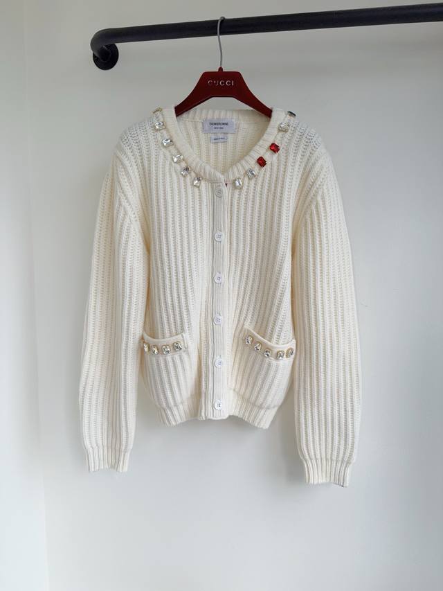 Tb25 Autumn/Winter New Handmade Beaded Jacquard Knit Round Neck Double Pocket Ca