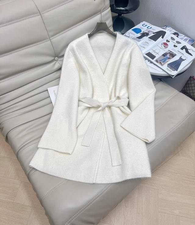 Top Pants 2620 Newest Autumn/Winter Mid-Length V-Neck Tie-Waist Wool Cardigan, c