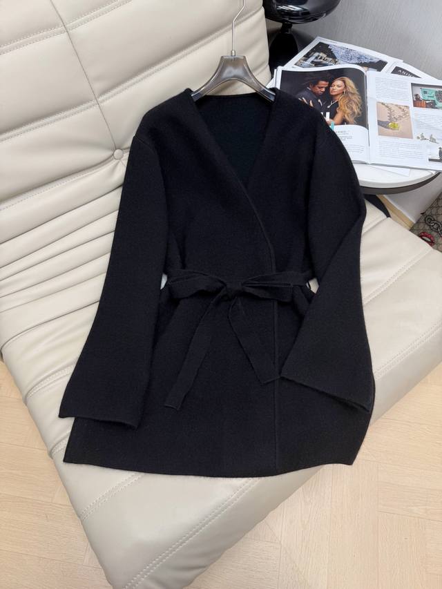 Top Pants 2620 Newest Autumn/Winter Mid-Length V-Neck Tie-Waist Wool Cardigan, c