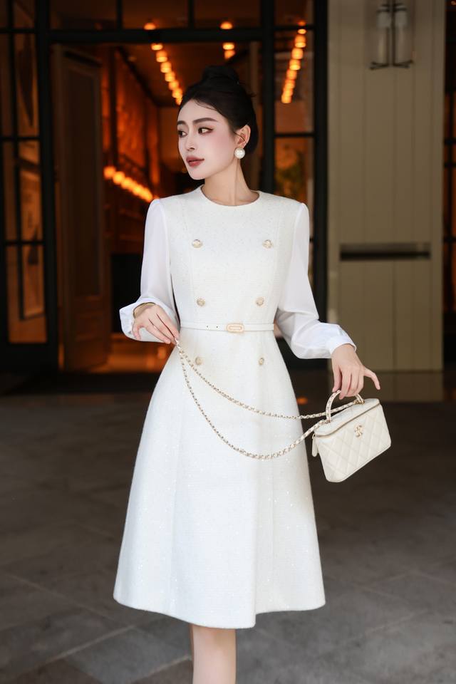 Dress Ddd, high-end double-breasted patchwork wool dress with sequins, perfect f