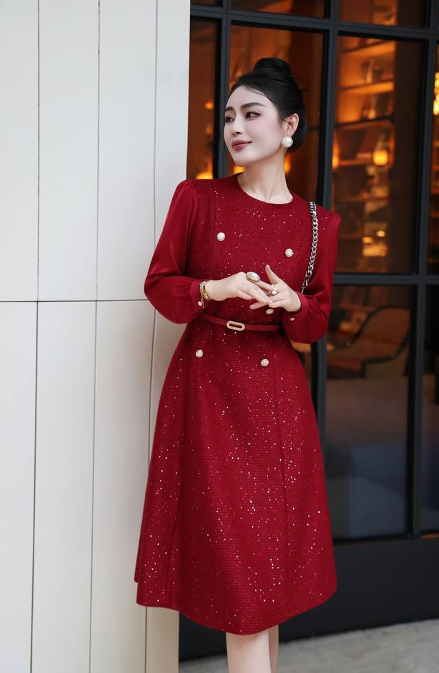 Dress High-end Chanel-style double-breasted patchwork dress with sequins and per