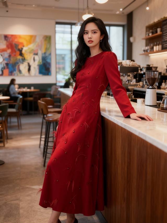 Dress 2670Aw Feather Beaded Full Skirt Color: Apricot Red Size: M L XL XL M Size